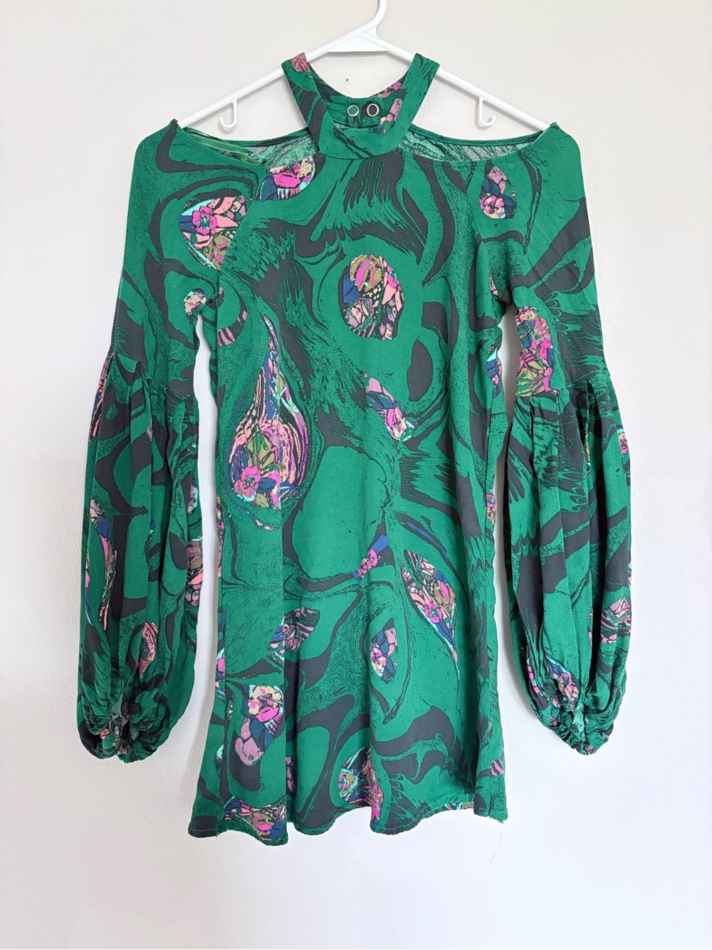 Free People Drift Away Cold Shoulder Tunic | Size XS Green Floral Abstract Print